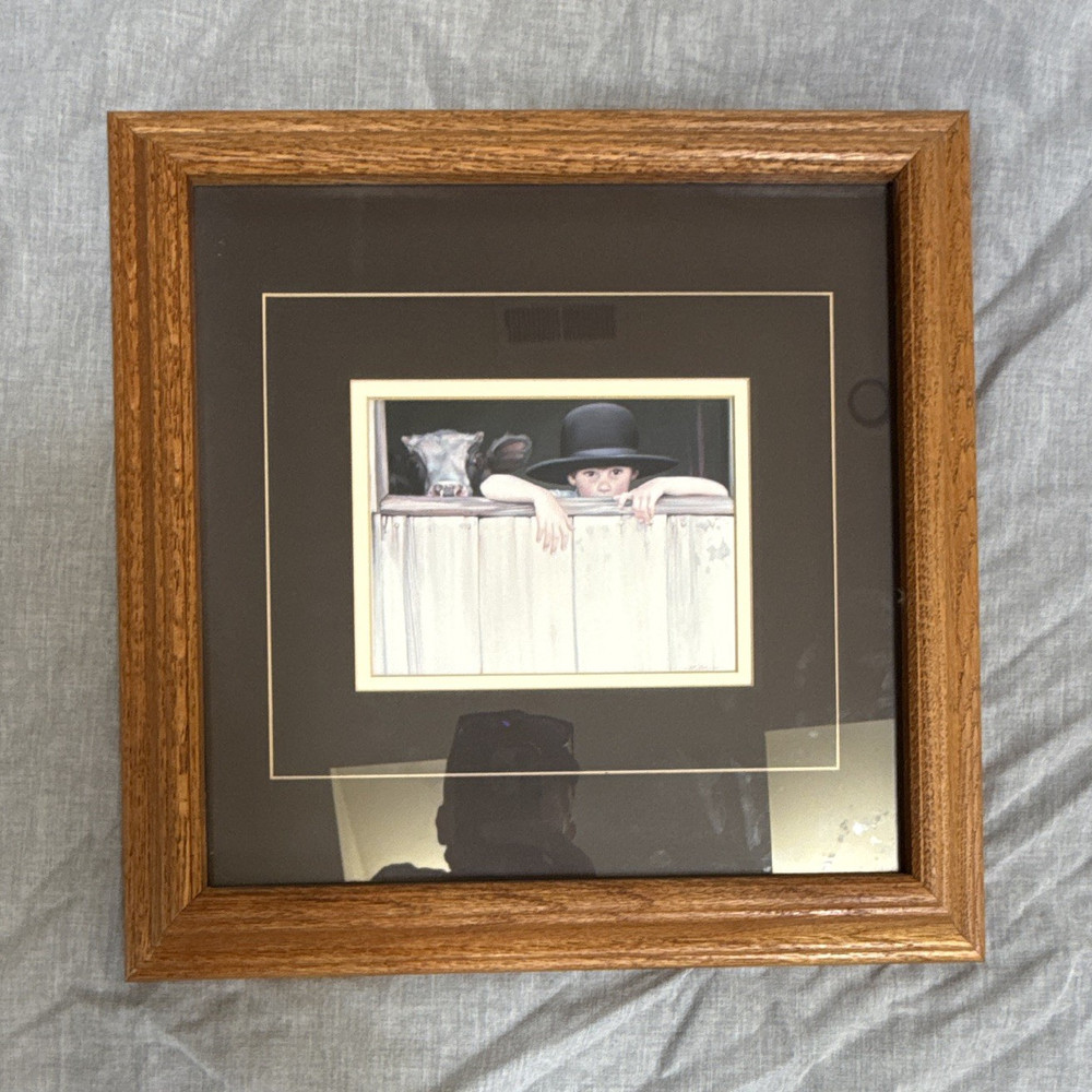 Nancy N.A. Noel My Calf Amish Boy Litho Print Official Embossed Stamp – Framed