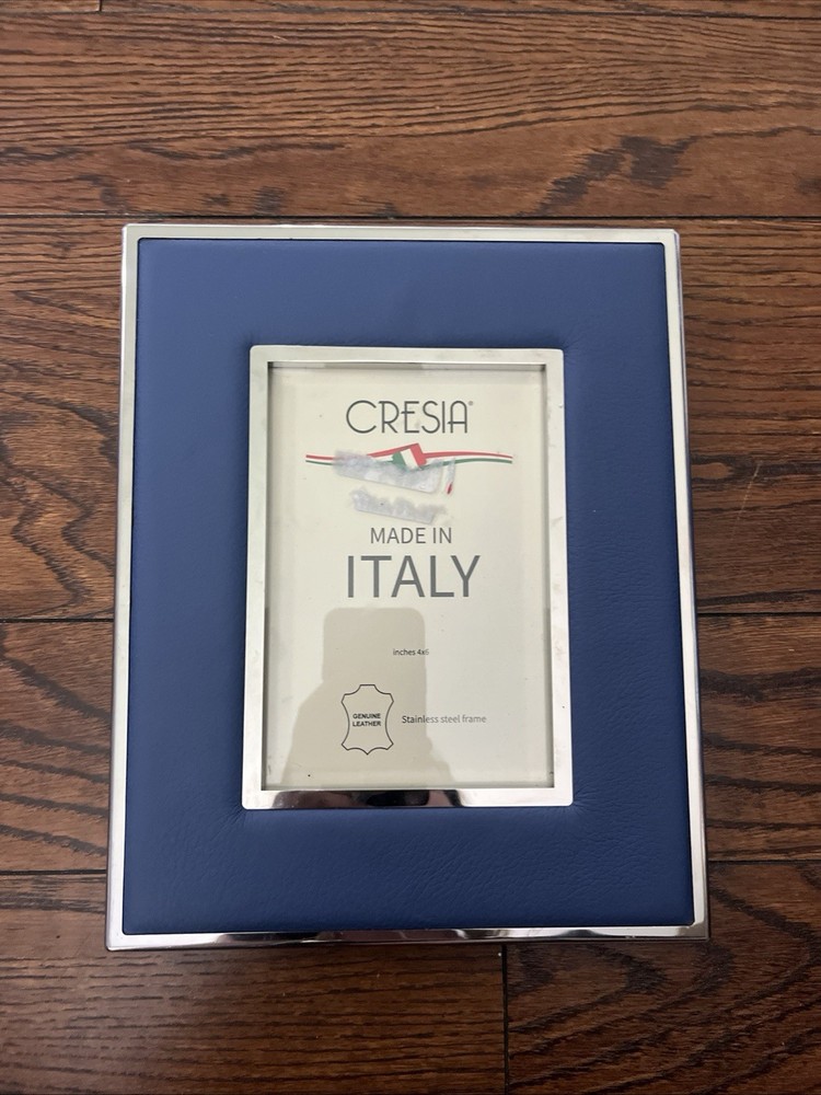 NEW Cresia Italy Blue Genuine Leather Stainless Steel Picture Frame 4x 6 Read