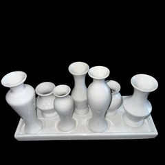 7 Bud Vases Attached Together On The Base, Ceramic Unique Art Deco White