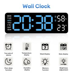 LED Digital Large Display Wall Desk Alarm Clock With Calendar Temperature Date