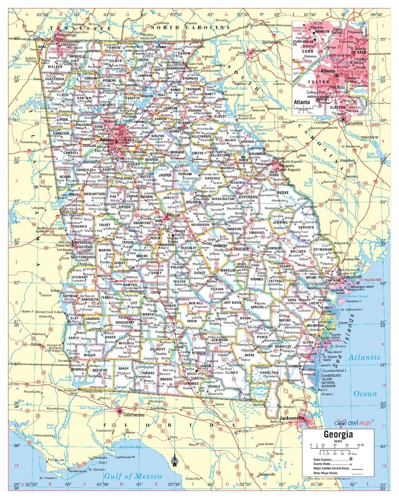 Georgia State Wall Map Large Print Poster – 24″Wx30″H