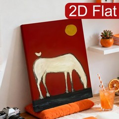 White Horse with Red Background and Bird Canvas Wall Art, Abstract Folk Decor