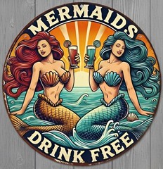Mermaids Drink Free 12″ Diameter Vintage Novelty Metal Sign Made In USA