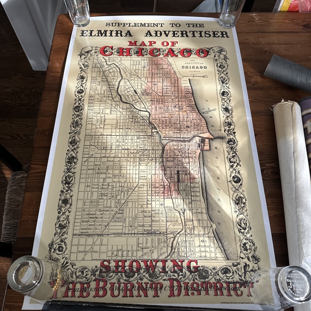 Historic City Map Chicago Illinois Fire Burnt District 22” X 36” Elmira Adviser