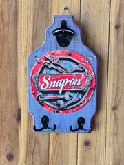 Snap on Tools Wall Mount Plaque, Solid Wood w/ Bottle Opener & Hooks