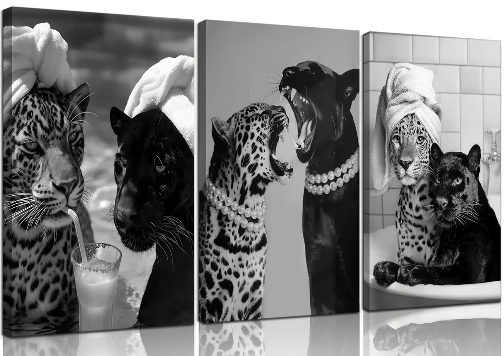 Trendy Black and White Leopard Canvas Wall Art Fashion Cheetah Drink Cocktail…