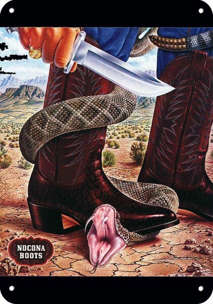 Nocona Boots Sign Western Cowboy Knife Rattlesnake Aluminum Sign 8×12