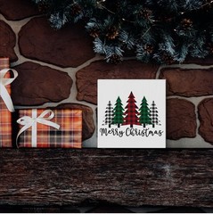 Merry Christmas Plaid Trees Wooden Box Sign Plaque 5x5in White Hollow Back Decor