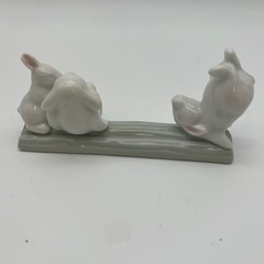 Unbranded Porcelain Three Bunnies on Log Figurine Small White Green Glossy Decor