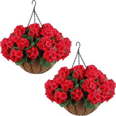 Hananona 2 Set Artificial Red Geraniums Flowers for Outdoors with Hanging Bas…