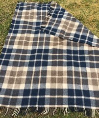 ALPACA WOOL THROW CHECK PATTERN BLUE BROWN TAN CREAM 54″ X 66″ + FRINGE EXC COND