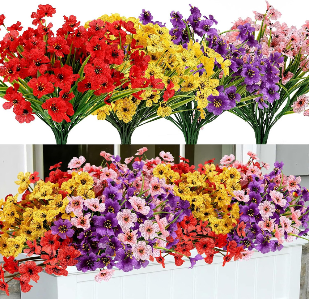 Artificial Mums Flowers for Outdoors, 16 Bundles UV Resistant Fake Plastic Color