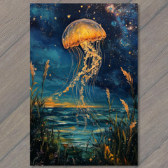 Art Print Jellyfish Glowing Stars Underwater Night Ocean Fantasy Art Nature
