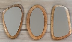 Set of 3 Mid-Century Modern Asymmetrical Framed Wood Beige Wall Mirrors