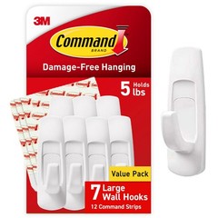 Command 5 lb Large Utility Hooks, 7 Hooks and 12 Strips, Large, White