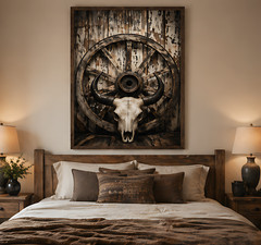 Western Bull Skull Wagon Wheel Canvas Wall Art – Rustic Cowboy Decor