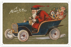 Santa Clause Race Car Delivering Toys Retro Christmas Holiday 8×12 Metal Sign