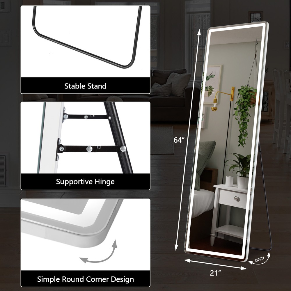 Full Length Mirror Rectangle 3-Color LED Light Standing Leaning Wall Mounted