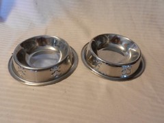 Pair of Silver Metal Small Dog Bowls With Embossed Paw Prints