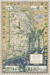 1936 Pictorial Map of Rhode Island and Narragansett Bay Wall Art Poster Home