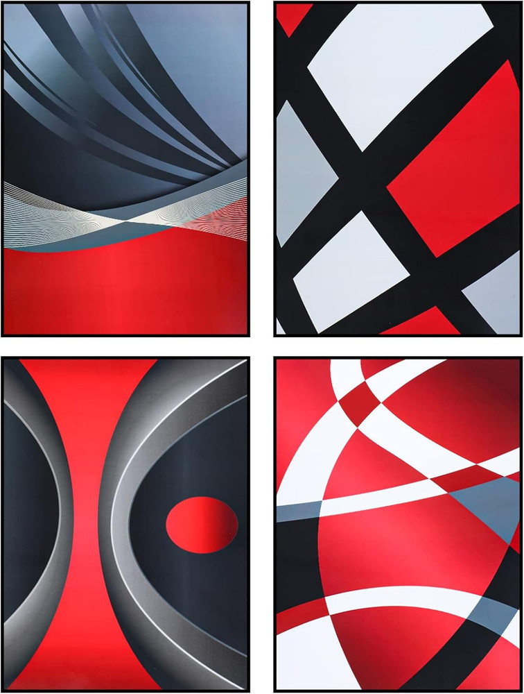 4 Pcs No Framed Modern Multi Colors Abstract Wall Art Red Silver and Black Minim