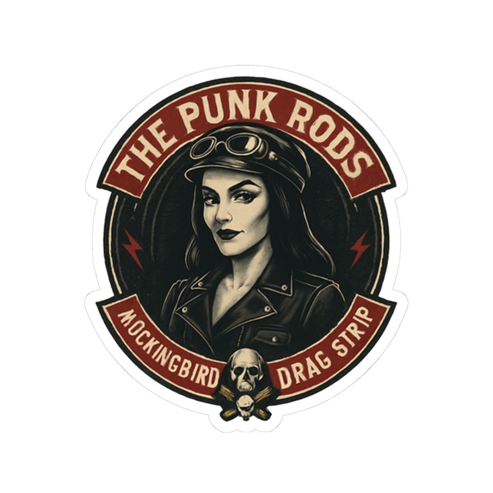 Sticker of The PUNK RODS, Lily Munster, Mockingbird Heights Drag Strip, leather