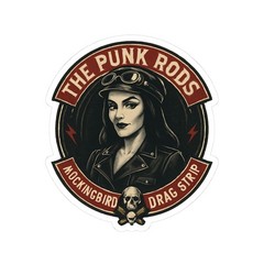 Sticker of The PUNK RODS, Lily Munster, Mockingbird Heights Drag Strip, leather