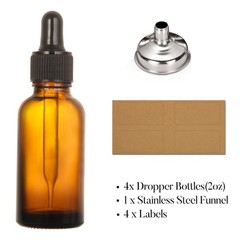 4 Pack, 2 oz Bottles with Dropper & 1 Funnel & 4 Labels – 2OZ, Amber