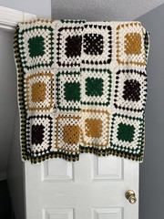 Vintage Granny Square Crochet Afghan Brown Cream Gold Green Multicolor Throw