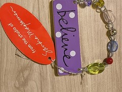 SMALL, CERAMIC «BELIEVE» WALL PLAQUE With BEADED WIRE Sandra Magsamen Cute