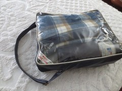 Faribo SPORTSMAN PAK-A-ROBE Blue Plaid FRINGED Acrylic THROW & THERMOS SET