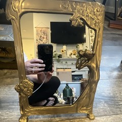 Bronze Nouveau “Lady Of Lake” Tabletop Vanity Mirror Metal Stand