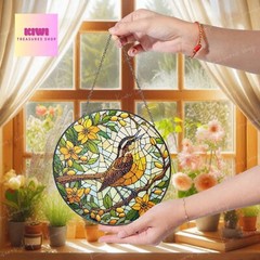Carolina Wren On Floral Branch GLASS Hanging, Carolina Wren Suncatcher
