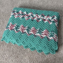 Handmade Crochet AFGHAN Knit Chevron Zig Zag Blanket Throw Teal Pink White