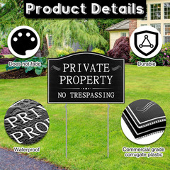 Maitys 4 Pcs Private Property No Trespassing Signs with 15 Metal Stakes 11.8 X 7