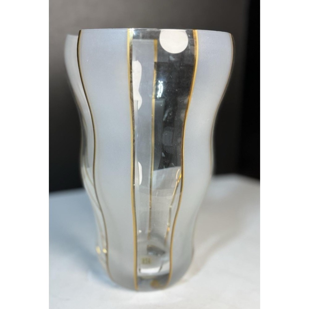 Clear and Etched with Gold Stripe Made in Czech Republic vase 7.75″ H
