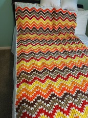 72″x43″ Handmade Afghan Fall Colors Chevron Zig Zag Blanket Crochet Multicolor