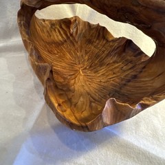 Vintage Midcentury Brutalist Hand Carved Burl Wood Bowl With Leaves Two Tier