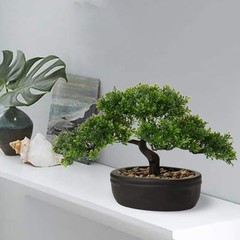 Artificial Bonsai Tree Juniper Faux Plants Indoor Small Fake 9in, Green Ficus
