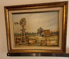 Vintage Oil Painting Signed Iva Frazier Windmill Barn Farm Landscape