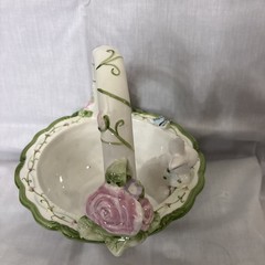 Springtime Ceramic Basket with Flowers, Butterfly & Bunny Figurine 9×10 EUC