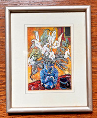Framed Floral Still Life Print Blue Vase White Flowers Matted Wall Art 10.5×8.75