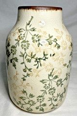 Ceramic Vase Rustic Floral Beige Tan Green Glazed Crack Chinoiserie Tuscan Decor