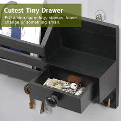 Key Holder Wall Mount, Wooden Adhesive Mail and Key Organizer with Drawer, Small