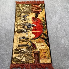 Vintage Tapestry Prayer Rug Scene Figures Fringe Orange Textile Art