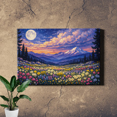 Mountain Meadow Canvas Print Moonlit Wildflower Field Snowy Peaks