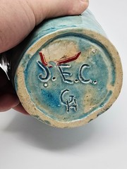 Turquoise Blue Drip Glazed Pottery Hand Made Pottery Vase Marked J.E.C GH 10″
