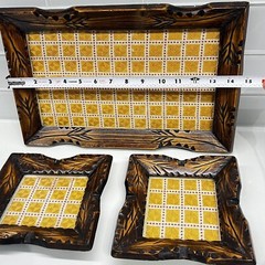 Set of 3 Handmade Wood and Glass Serving Tray Etched w/ Embroidered Appliqué