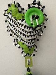 Whimsy HANGING HEART, black, white,green *HANDMADE* with rick rack, beads,tassel