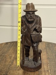Vintage Hand Carved Wood Folk Art Traveler Man Dog Figurine Statue 16″ Rustic